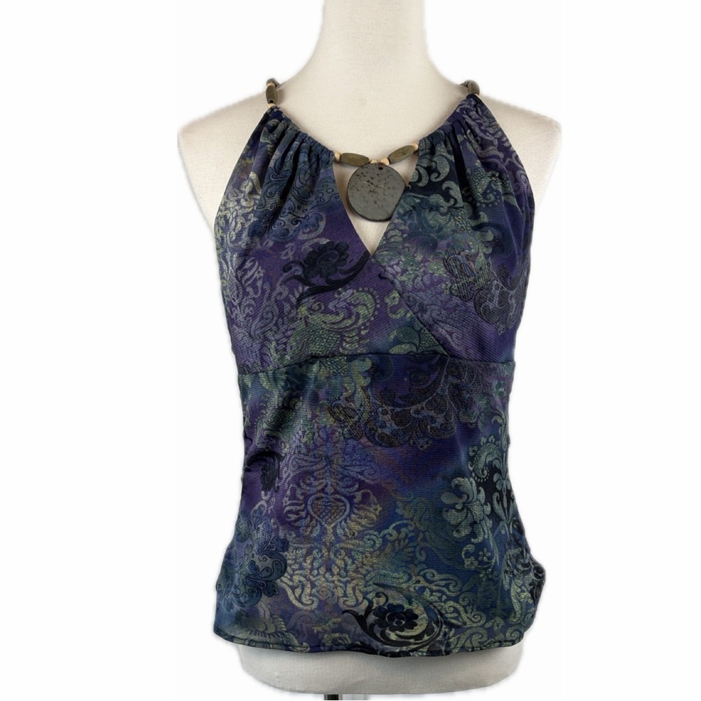 Paisley Print Babydoll Halter Top No Sz EST M Y2K Phoebe Boho Artsy Grunge Mesh